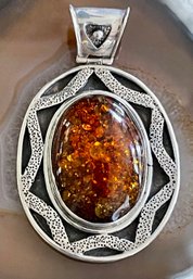 Vintage Hand Made Sterling Silver & Amber Pendant - Total Weight 26.6 Grams