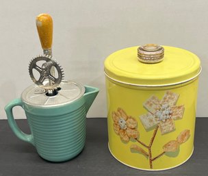 Vintage Pottery Pitcher With Hand Mixer And Blue Magic Krispy Kan Tin