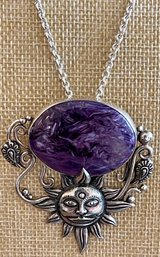 Sterling Silver & Charoite Cabochon Repousse Sun Face Pin W Pendant Adapter & 22' Sterling Chain - 45.2 Grams