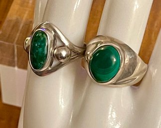 2 Sterling Silver And Malachite Rings Size 9 - Total Weight 11.9 Grams