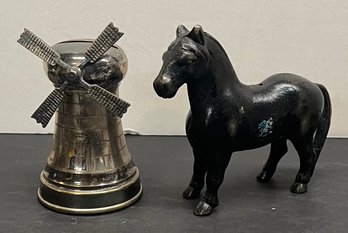 (2) Vintage Metal Coin Banks - Horse And Windmill