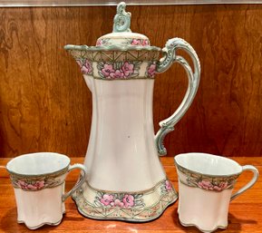 Antique Hand Painted Nippon Moriage Teapot And 2 Cups