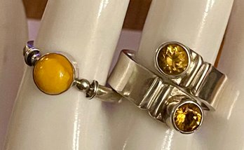 2sterling Silver Rings - 1 Citrine And 1 Honey Amber - Size 10 - Total Weight  12.1 Grams