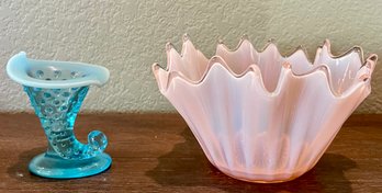 Vintage Fostoria Opalescent Crimped Splash Handkerchief Vase And A Blue Hobnail Fenton Vase