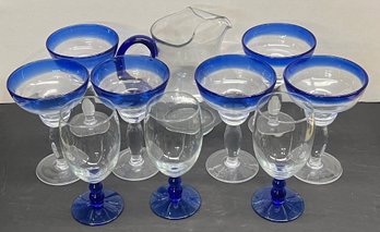 Clear And Blue Art Glass Pitcher With 6 Margarita Glasses And 3 Cobalt Stem Wine Glasses
