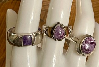 3 Sterling Silver And Charoite Rings Size 9 - 9.25 -total Weight 26 Grams