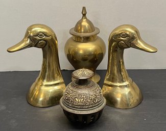Vintage Brass Lot - Mallard Bookends, Bell, And Lidded Dish