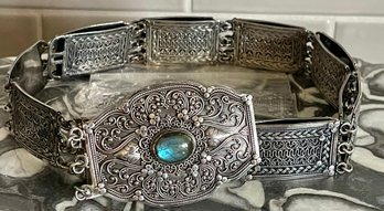 Incredible Solid Sterling Silver Panel Belt W Labradorite Cabochon - 34-42' Long   247.3 Grams