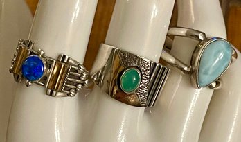 3 Sterling Silver Rings Blue Opal - Larimar & Chalcedony Rings - Total Weight 17.5 Grams