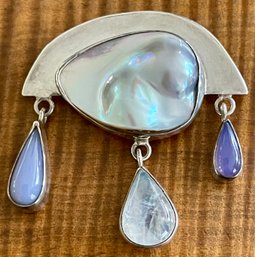 Gorgeous Handmade Sterling Silver - Blister Pearl - Chalcedony & Moonstone Pin - Total Weight 21.6 Grams