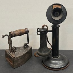 Antique Sad Iron With Wood Handle And Western Electric Phone