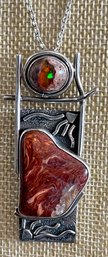 Sun Sterling Silver - Pietersite & Fire Opal Pin Pendant Handmade W 24' Sterling Chain - 35.4 Grams