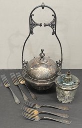 Antique Silver Plate Lot - Glass Sugar With Spoon, 6 Towle 1897 Forks, And Simpson Hal Miller Serving Dish