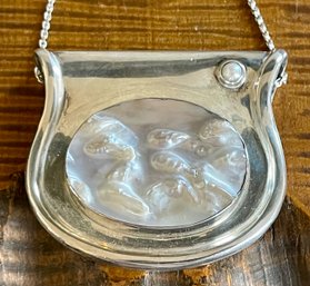 Handmade Sterling Silver & Fresh Water Pearl Cabochon Slide Pendant W 28' Sterling Necklace Total 62.6 Grams