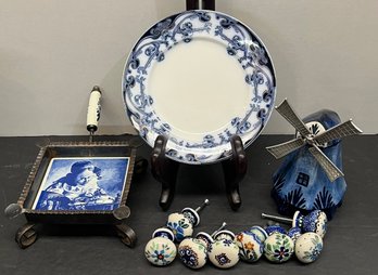 Vintage Delft Holland Pottery Windmill, Staffordshire Plate, Hand Made Porcelain Pulls, And Trivet