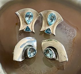 2 Pairs Of Handmade Sterling Silver And Faceted Blue Topaz Clip On Earrings - Total Weight 13.6 Grams