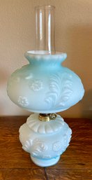 Vintage Fenton Blue Satin Glass Daisy And Fern Pattern Hurricane Lamp