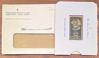 Danbury Mint John Adams Presidential 24kt Gold Plated Bronze One Ounce Proof Ingot With Original Envelope