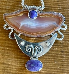 Sterling Silver - Agate & Charoite Repousse Pendant Handmade W 22' Sterling Chain - Weight - 48.6 Grams