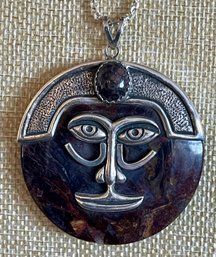 Sterling Silver And Pietersite Tribal Face Repousse Pendant Pin W 22' Sterling Chain - 65.8 Grams