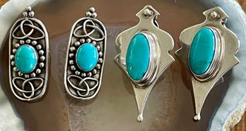 2 Pairs Of Vintage Sterling Silver & Turquoise Handmade Clip On Earrings - Total Weight 29 Grams