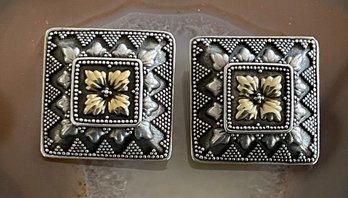 Pair Of Vintage Handmade Sterling Silver And 18K Gold Clip On Earrings - Total Weight 15.3 Grams