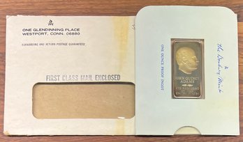 Danbury Mint John Q. Adams Presidential 24kt Gold Plated Bronze One Ounce Proof Ingot With Original Envelope