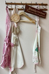 Antique Wood And Wire Hat Rack With Vintage Aprons - Chocolate Sign - Pottery Bear Wind Chime & Wood Hangers