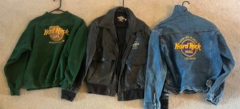 Las Vegas Hard Rock Cafe Denim And Leather Jackets With Green Sweater - Men's Size Medium