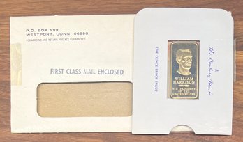 Danbury Mint William Harrison Presidential 24k Gold Plated Bronze One Ounce Proof Ingot With Original Envelope