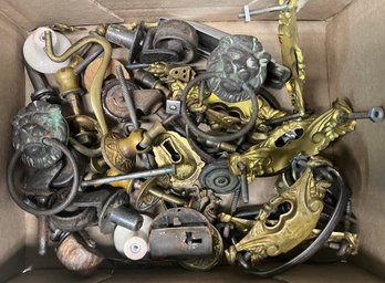 Lot Of Vintage And Antique Hardware - Lion Knockers, Casters, Porcelain And Brass Pulls, Locks, And More