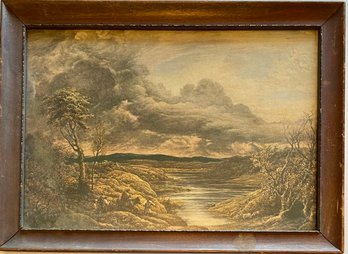 Antique Landscape Print In Wood Frame