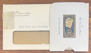 Danbury Mint John Tyler Presidential 24kt Gold Plated Bronze One Ounce Proof Ingot With Original Envelope