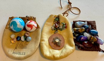 (2) Hand Made Leather Marble Bags With Marbles And Polished Rocks