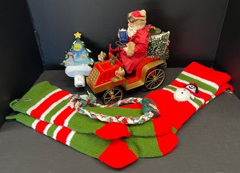 Small Christmas Lot - 2 Pairs Of Knit Stockings, Night Light, Wood And Resin Santa Carriage
