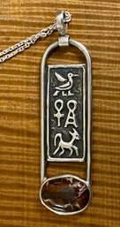Sterling Silver & Mahogany Obsidian Egyptian Motif Pendant Handmade W 18' Sterling Chain - 22.9 Grams