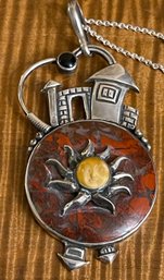 Salim Sterling Silver - Red Jasper - Butterscotch Amber Carved Face Pendant W 24' Sterling Chain - 49.4 Grams