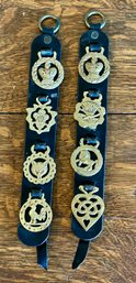 (2) Leather Straps With 4 Vintage Brass Horse Medallion For Bridle