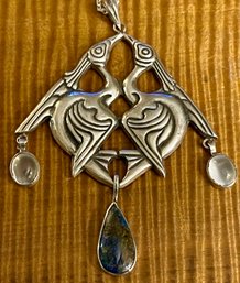 Sterling Silver Love Bird Pendant With Blue Teardrop Lapis & Moonstone W 19.75' Sterling Chain - 27 Grams