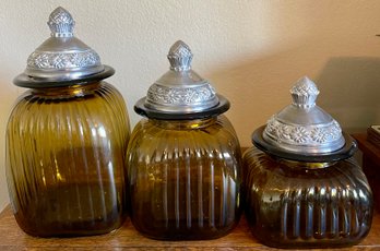 Set Of Amber Art Glass And Silver Tone Lidded Canisters
