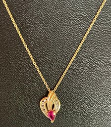 14K Gold Delicate 16 Inch Necklace With 14K Gold  - Diamond & Ruby Pendant - Total Weight - 2.4 Grams