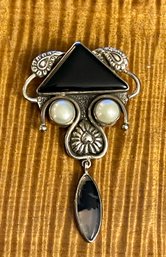 Sterling Silver - Black Obsidian - Pearls & Agate Pendant Pin - Total Weight 17.3 Grams
