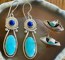 (2) Pairs Of Serling Silver - Turquoise & Blue Lapis Post & Wire Earrings - Total Weight 18.4 Grams