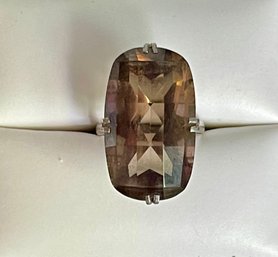 Vintage Sterling Silver & Large Faceted Smoky Quartz Ring Size 7 - Total Weight 6.95 Grams