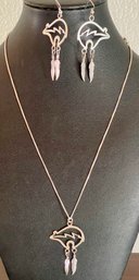 Sterling Silver Bear & Feather Pendant And Earring Set W 20 Inch Sterling Silver Box Chain Necklace - 13.89 Gr