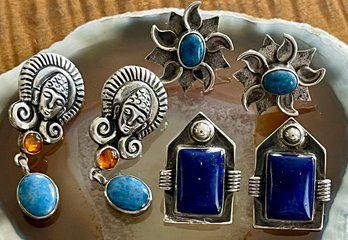 (3) Pairs Of Sterling Silver - Blue Lapis & Amber Handmade Earrings - Total Weight 24.5 Grams