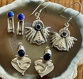 (3) Pairs Of Sterling Silver - Faceted Iolite & Blue Lapis Post & Wire Earrings - Total Weight 19.5 Grams