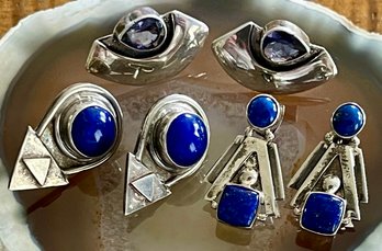 (3) Pairs Of Sterling Silver - Faceted Iolite & Blue Lapis Handmade Earrings - Total Weight 24.5 Grams