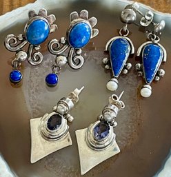 (3) Pairs Of Vintage Sterling Silver - Faceted Iolite - Blue Lapis & Pearl Handmade Earrings - 21.7 Grams