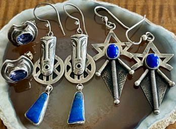 (3) Pairs Of Sterling Silver Blue Lapis & Faceted Iolite Post &  Wire Earrings - Total Weight 24.2 Grams